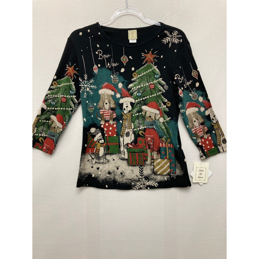 Vintage Jess & Jane Feliz Navidad Top Smapp Black Dog Christmas Tree Graphic